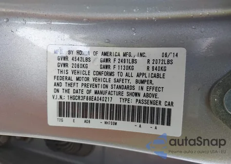 2014 Honda Accord Ex-L V-6 из США, поврежденный, VIN 1HGCR3F88EA040217